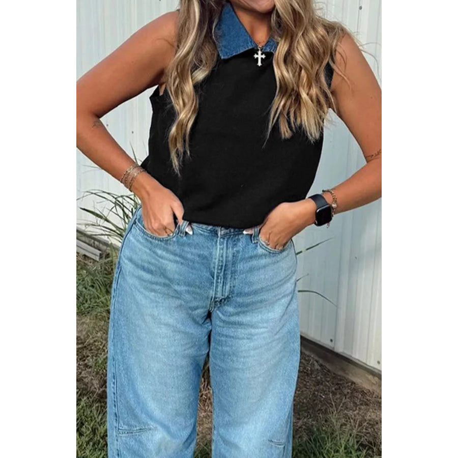 Contrast Denim Collar Sweater Vest Apparel and Accessories