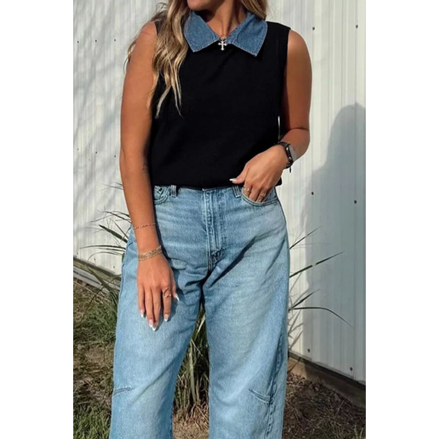 Contrast Denim Collar Sweater Vest Black / S Apparel and Accessories