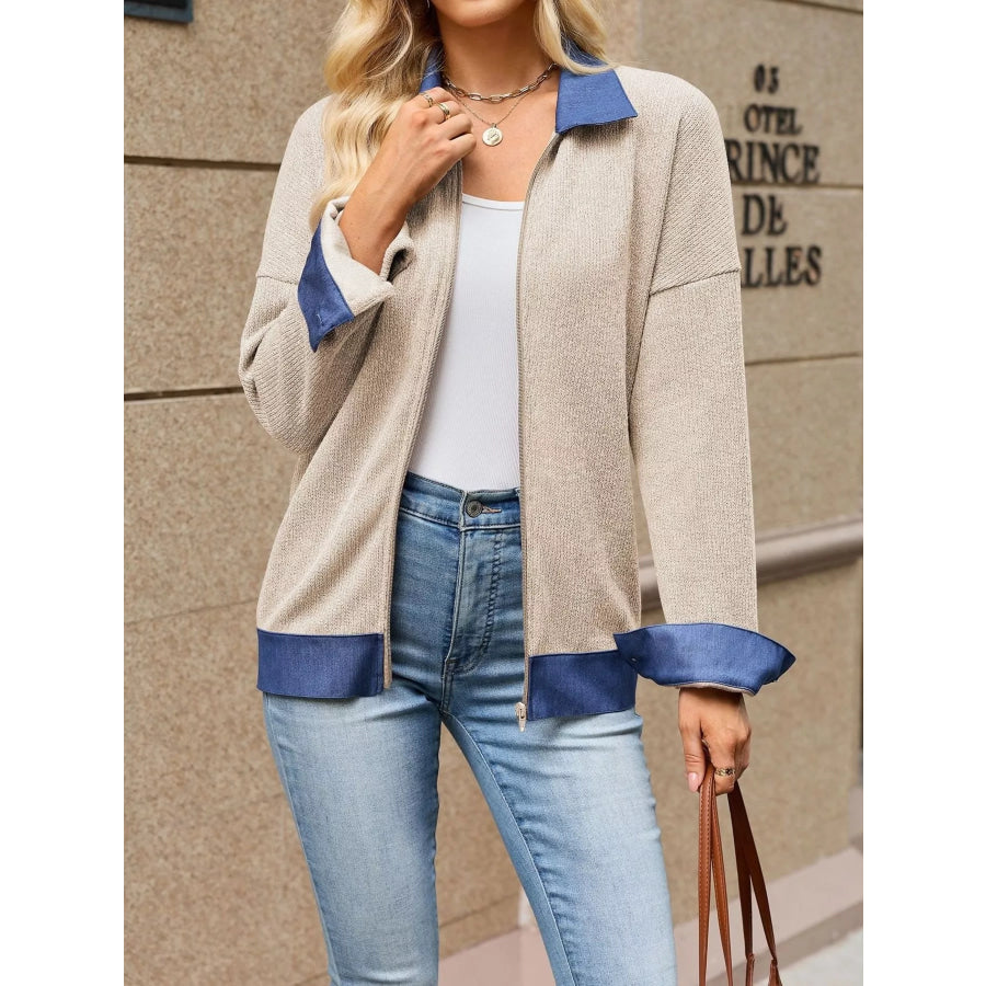 Contrast Denim Collar Zip Up Outerwear Apparel and Accessories
