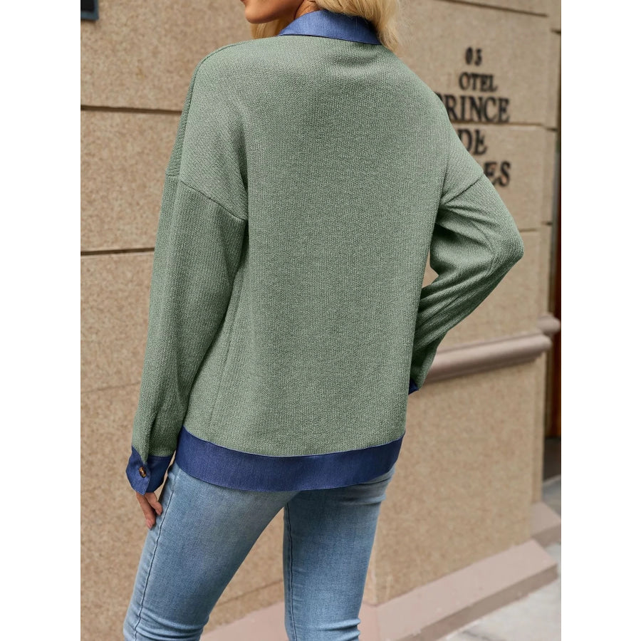 Contrast Denim Collar Zip Up Outerwear Apparel and Accessories