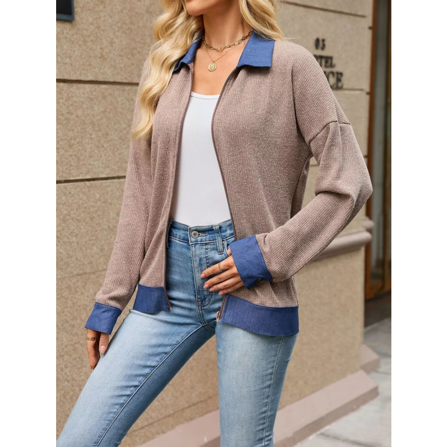 Contrast Denim Collar Zip Up Outerwear Apparel and Accessories