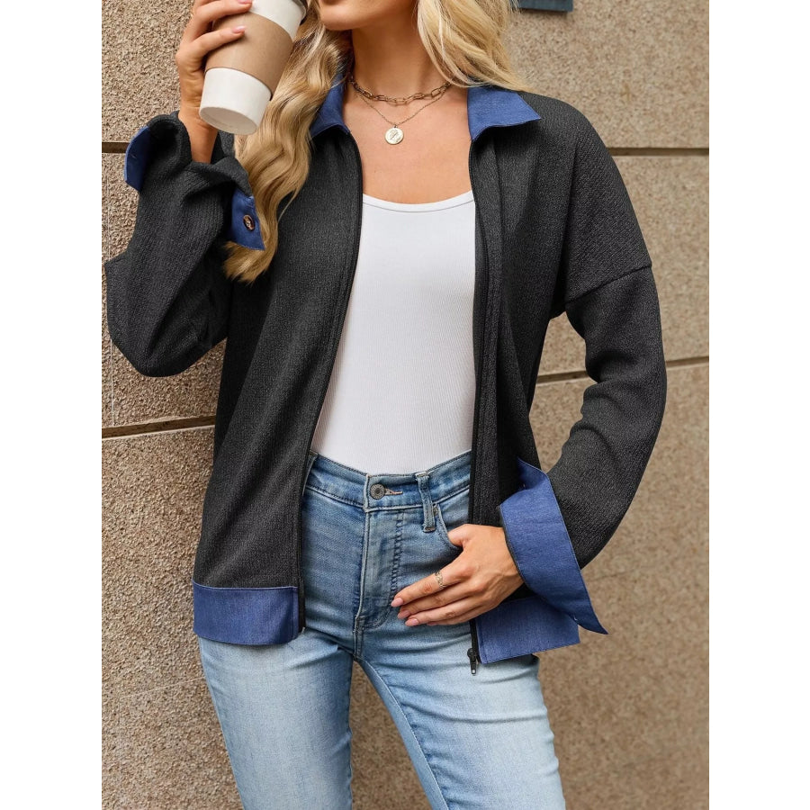 Contrast Denim Collar Zip Up Outerwear Apparel and Accessories