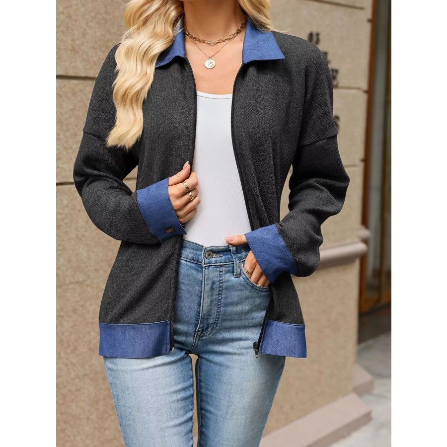 Contrast Denim Collar Zip Up Outerwear Apparel and Accessories