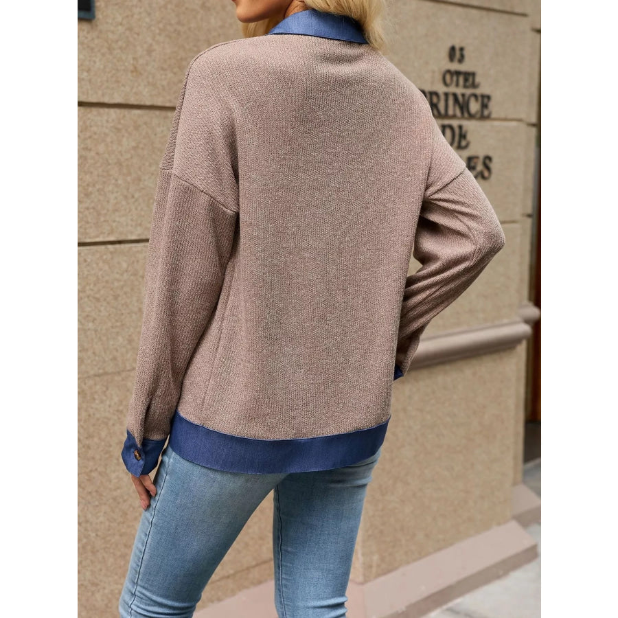 Contrast Denim Collar Zip Up Outerwear Apparel and Accessories