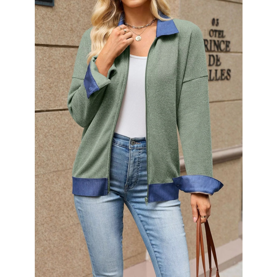 Contrast Denim Collar Zip Up Outerwear Apparel and Accessories