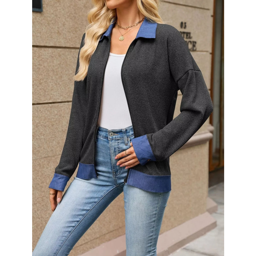 Contrast Denim Collar Zip Up Outerwear Apparel and Accessories
