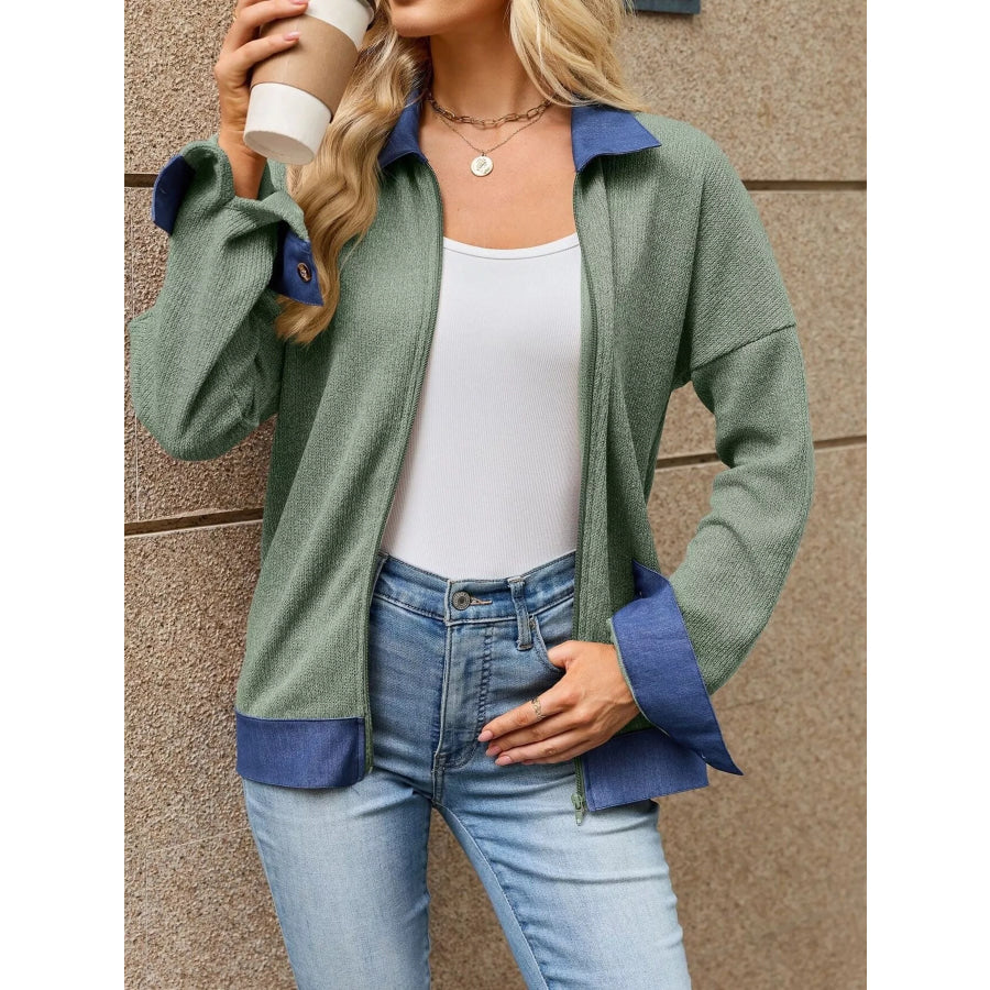 Contrast Denim Collar Zip Up Outerwear Apparel and Accessories