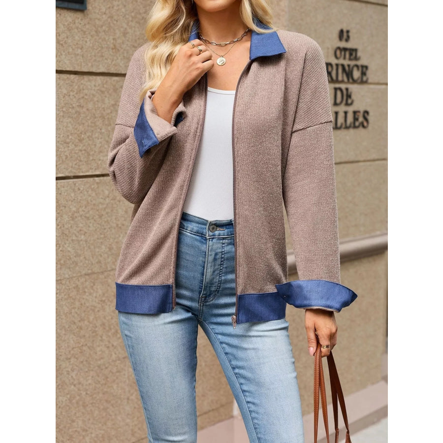 Contrast Denim Collar Zip Up Outerwear Apparel and Accessories