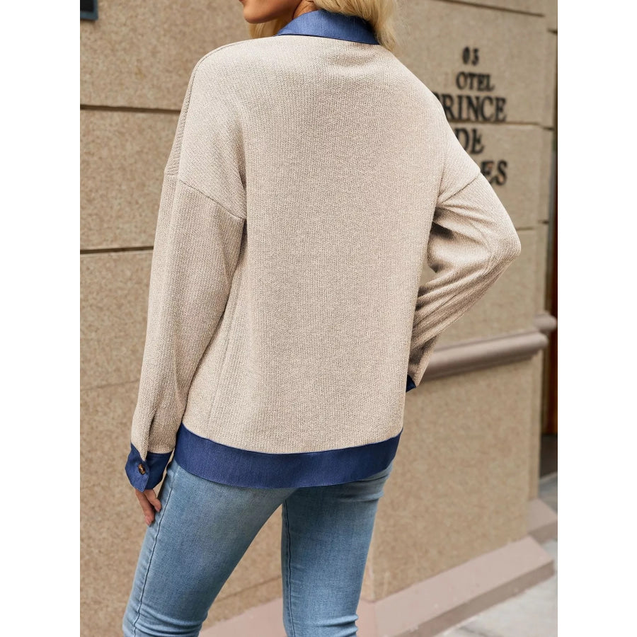 Contrast Denim Collar Zip Up Outerwear Apparel and Accessories