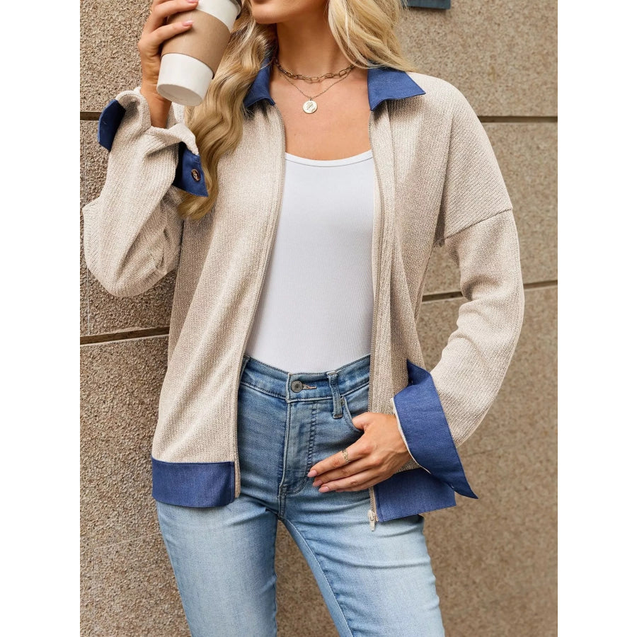 Contrast Denim Collar Zip Up Outerwear Apparel and Accessories