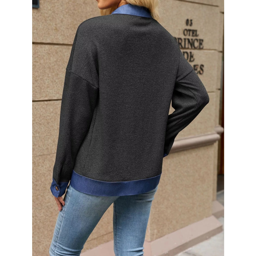 Contrast Denim Collar Zip Up Outerwear Apparel and Accessories