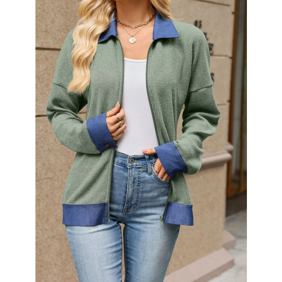 Contrast Denim Collar Zip Up Outerwear Apparel and Accessories