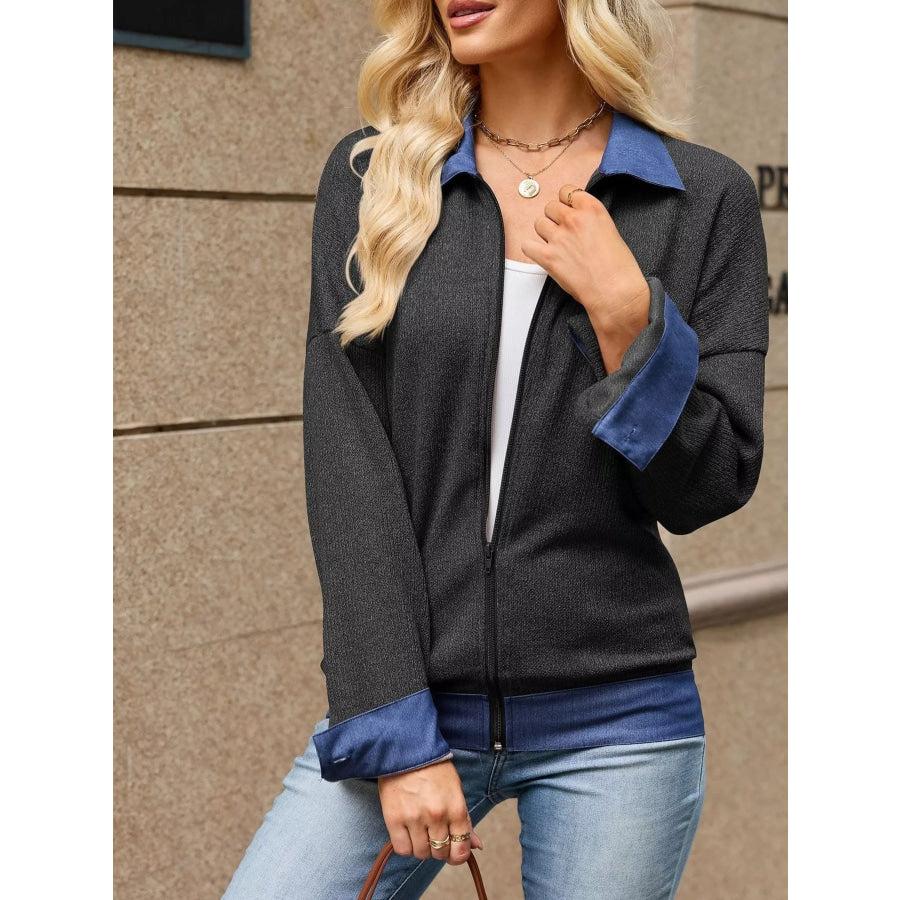 Contrast Denim Collar Zip Up Outerwear Apparel and Accessories