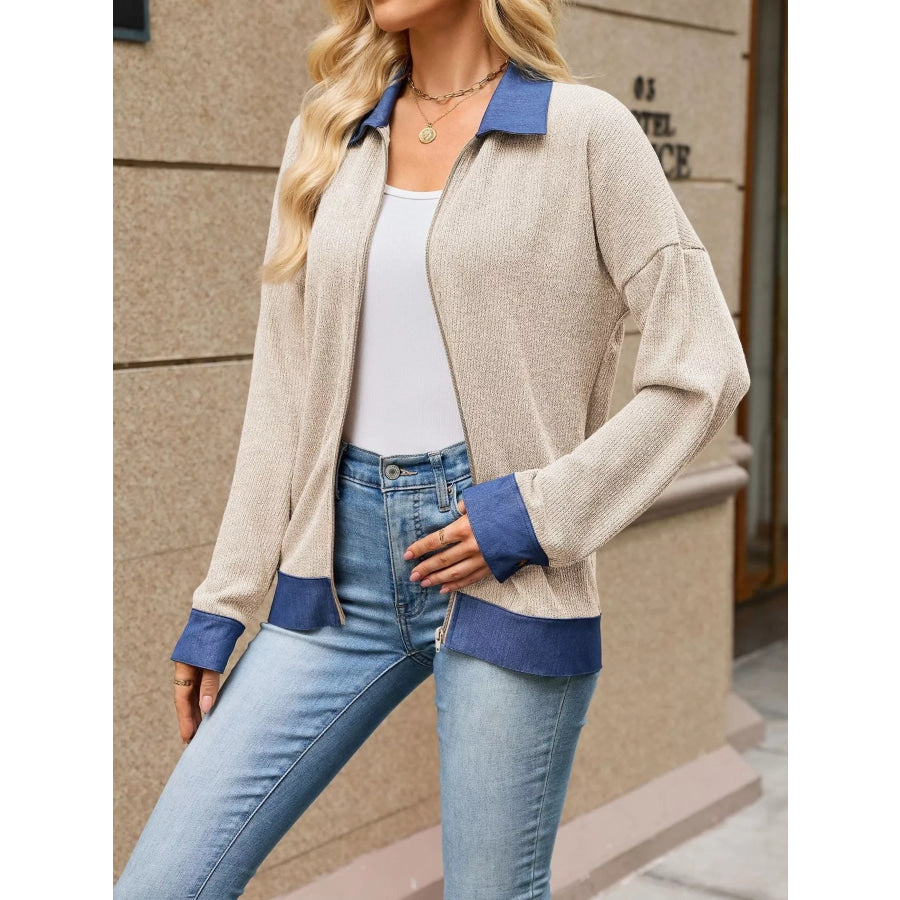 Contrast Denim Collar Zip Up Outerwear Beige / S Apparel and Accessories
