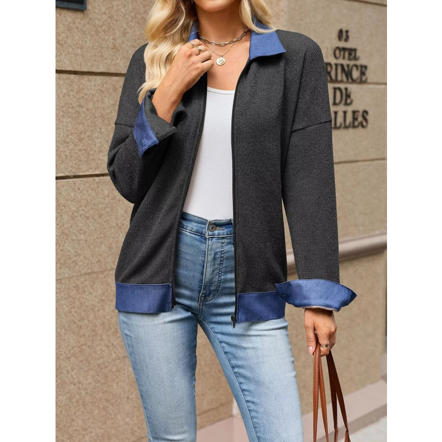 Contrast Denim Collar Zip Up Outerwear Black / S Apparel and Accessories