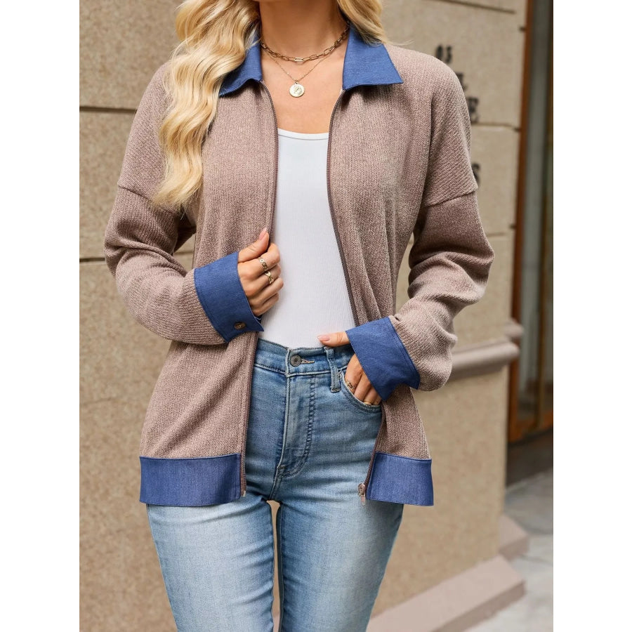 Contrast Denim Collar Zip Up Outerwear Brown / S Apparel and Accessories