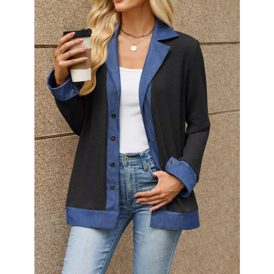 Contrast Denim Lapel Collar Outerwear Apparel and Accessories