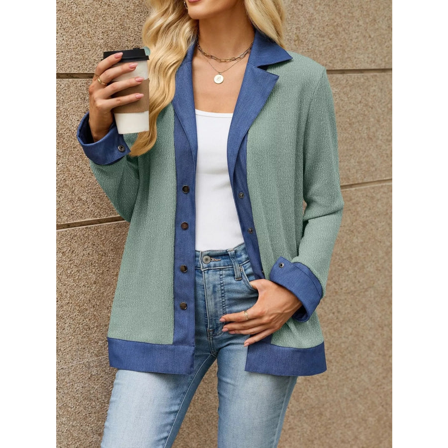 Contrast Denim Lapel Collar Outerwear Apparel and Accessories