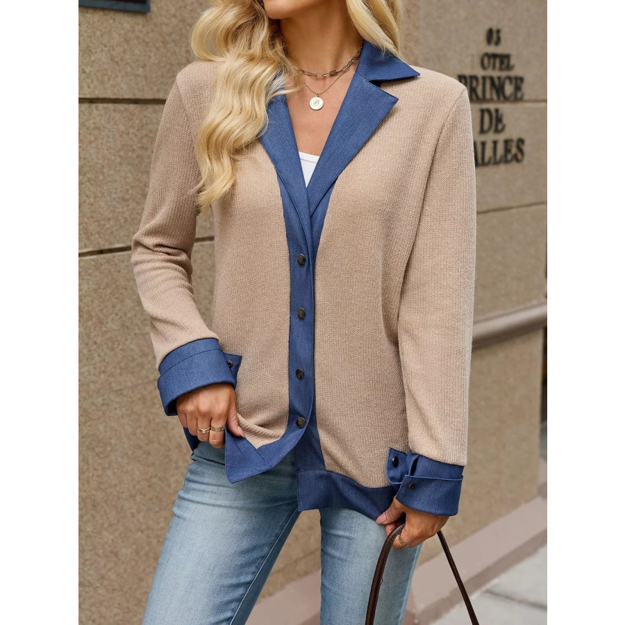 Contrast Denim Lapel Collar Outerwear Apparel and Accessories