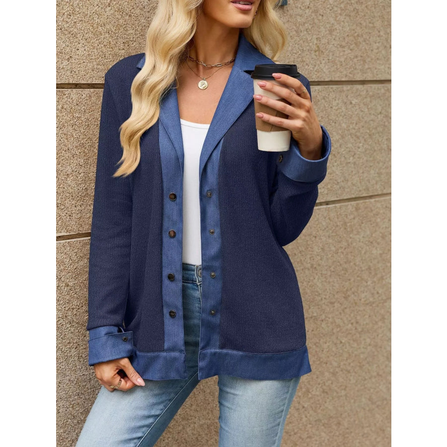 Contrast Denim Lapel Collar Outerwear Blue / S Apparel and Accessories