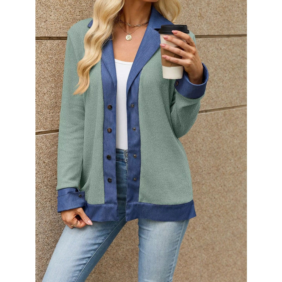 Contrast Denim Lapel Collar Outerwear Green / S Apparel and Accessories
