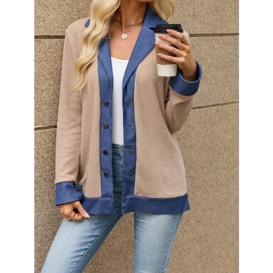 Contrast Denim Lapel Collar Outerwear Khaki / S Apparel and Accessories