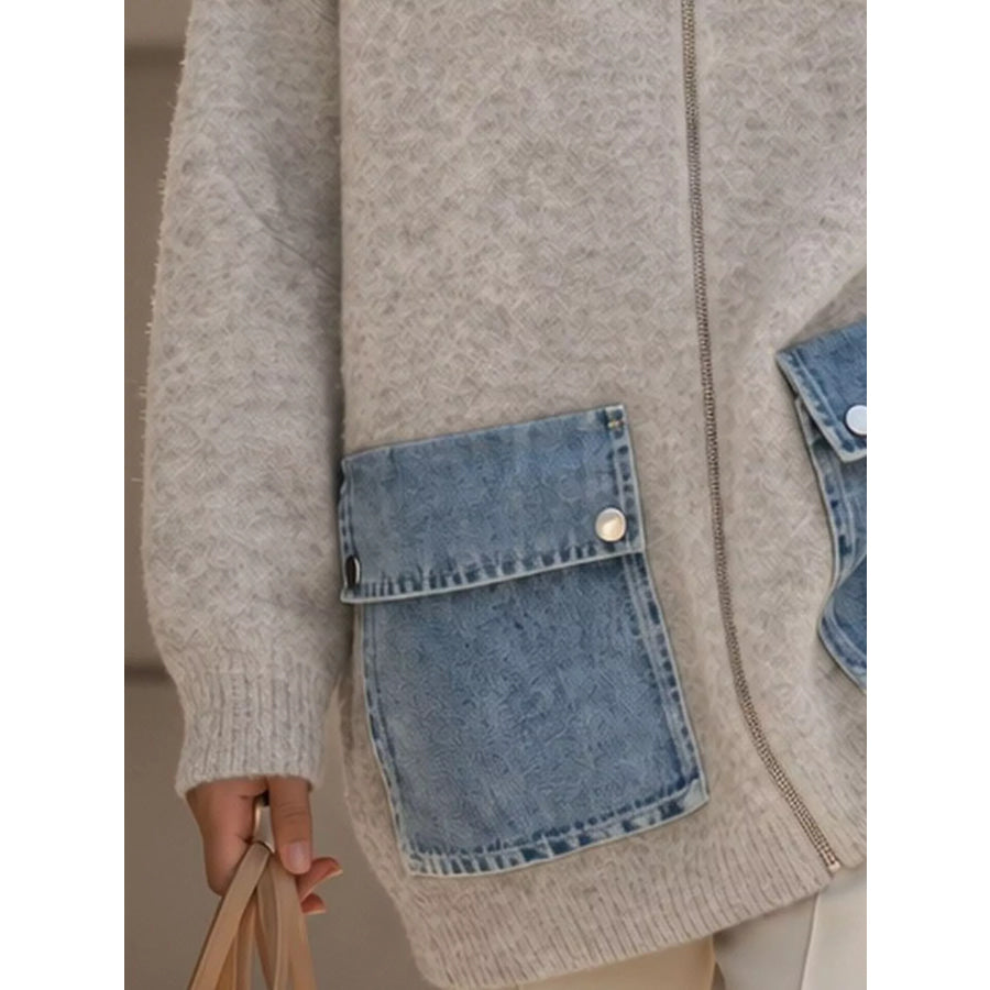 Contrast Denim Pockets Hooded Cardigan Apparel and Accessories