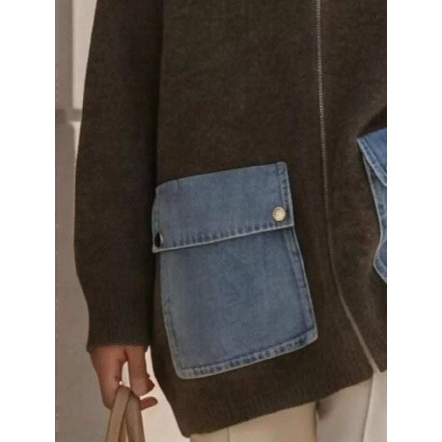 Contrast Denim Pockets Hooded Cardigan Apparel and Accessories