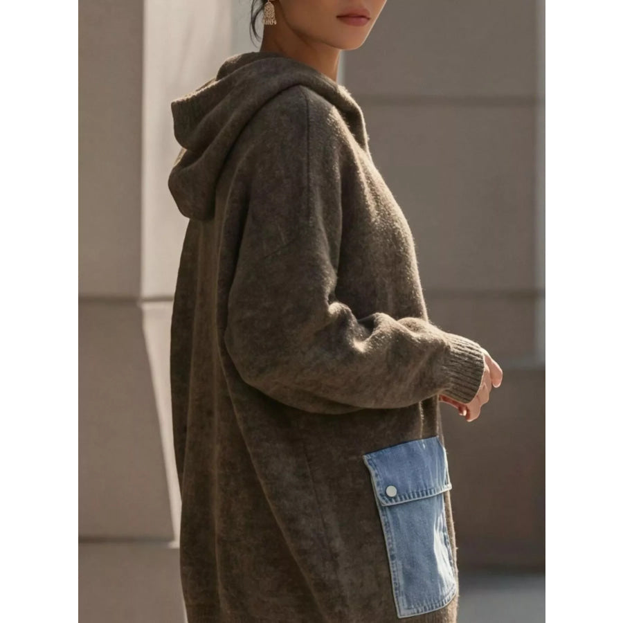 Contrast Denim Pockets Hooded Cardigan Apparel and Accessories