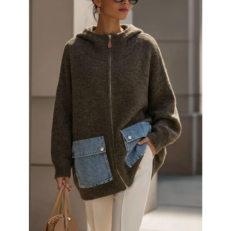 Contrast Denim Pockets Hooded Cardigan Army Green / S Apparel and Accessories