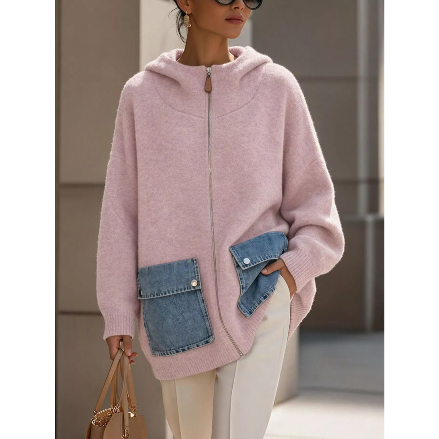 Contrast Denim Pockets Hooded Cardigan Blush Pink / S Apparel and Accessories