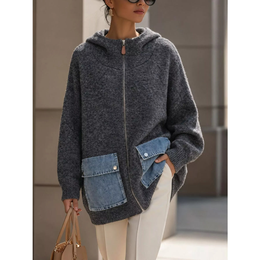 Contrast Denim Pockets Hooded Cardigan Dark Gray / S Apparel and Accessories