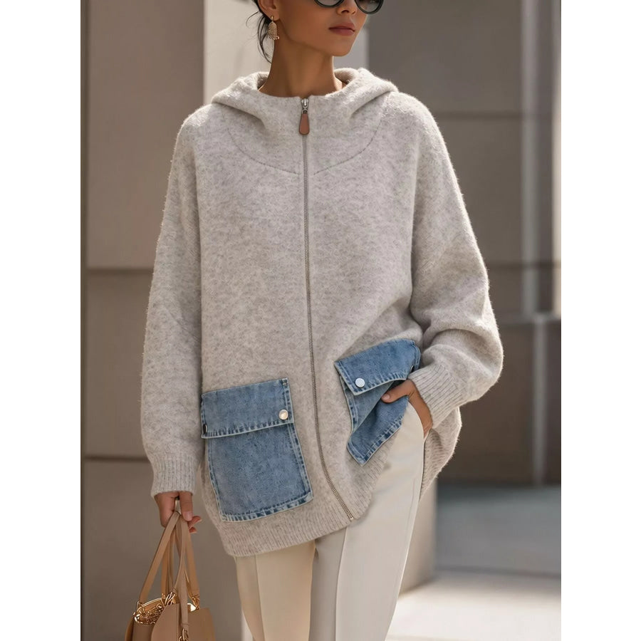 Contrast Denim Pockets Hooded Cardigan Light Gray / S Apparel and Accessories