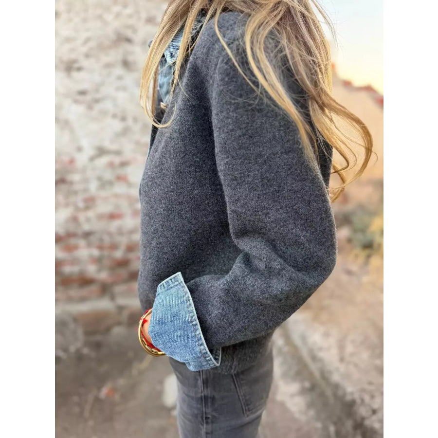 Contrast Denim Trimmed Sweater Cardigan Apparel and Accessories