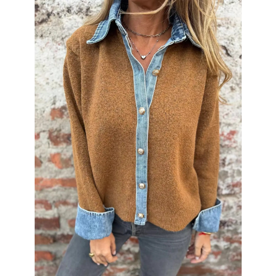 Contrast Denim Trimmed Sweater Cardigan Apparel and Accessories