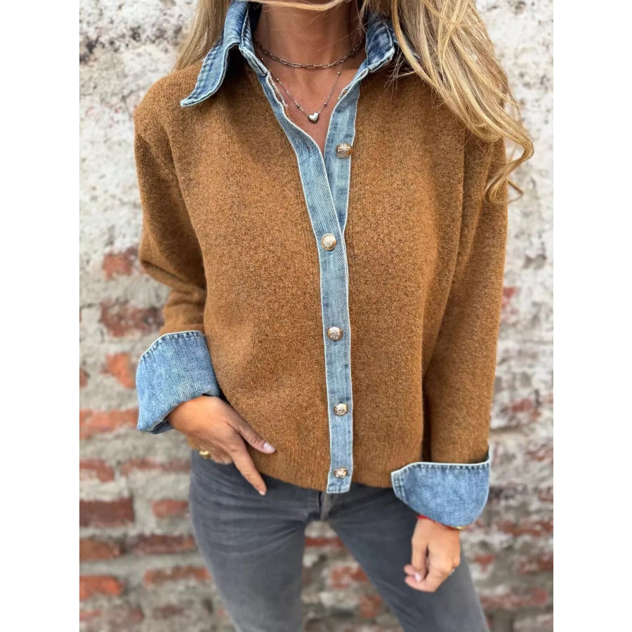 Contrast Denim Trimmed Sweater Cardigan Caramel / S Apparel and Accessories
