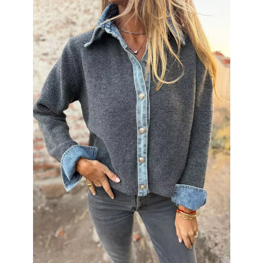 Contrast Denim Trimmed Sweater Cardigan Grey / S Apparel and Accessories
