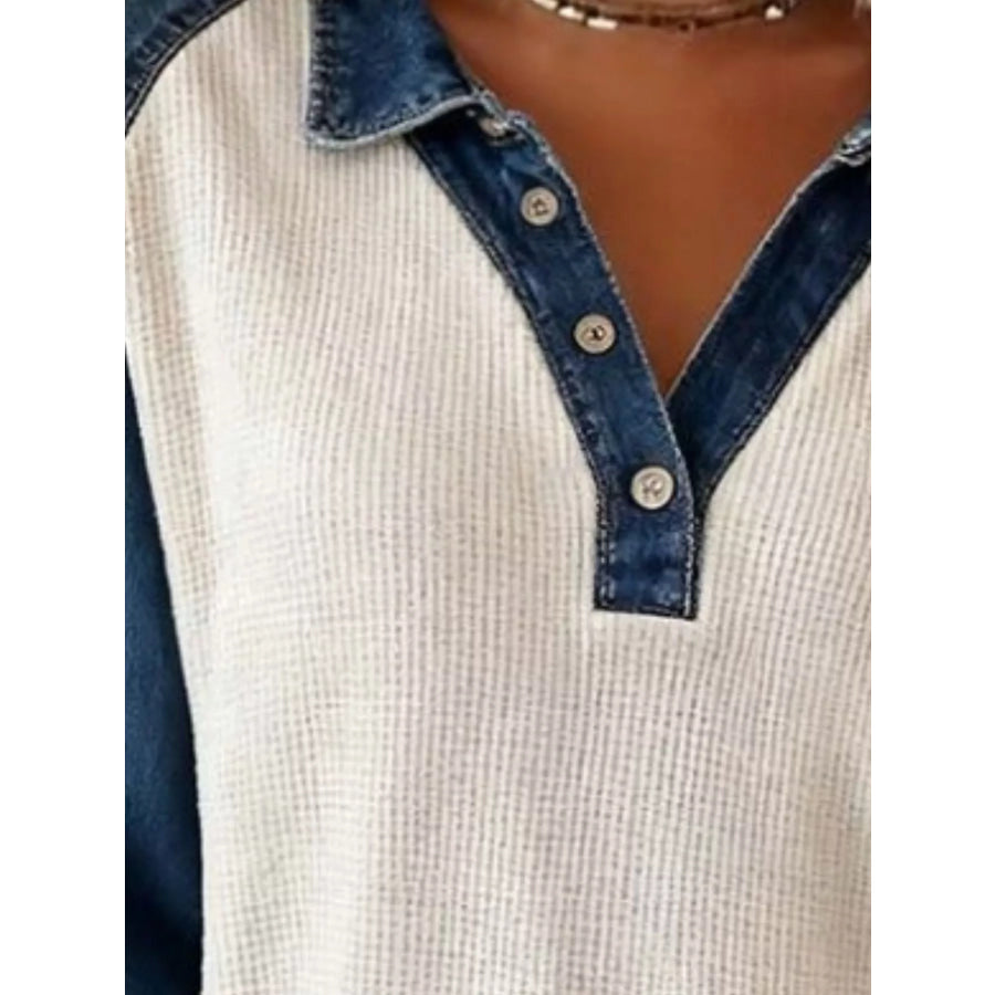 Contrast Denim Waffle Knit Long Sleeve Blouse Apparel and Accessories