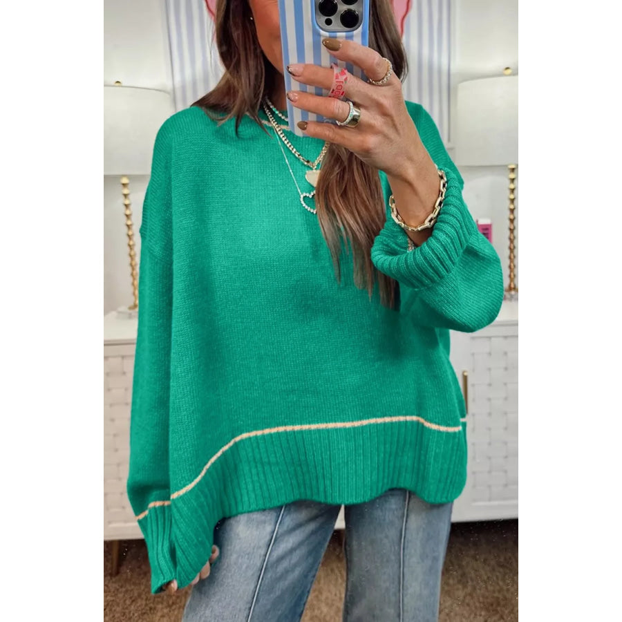 Contrast Detail Drop Shoulder Baggy Sweater Turquoise / S Apparel and Accessories