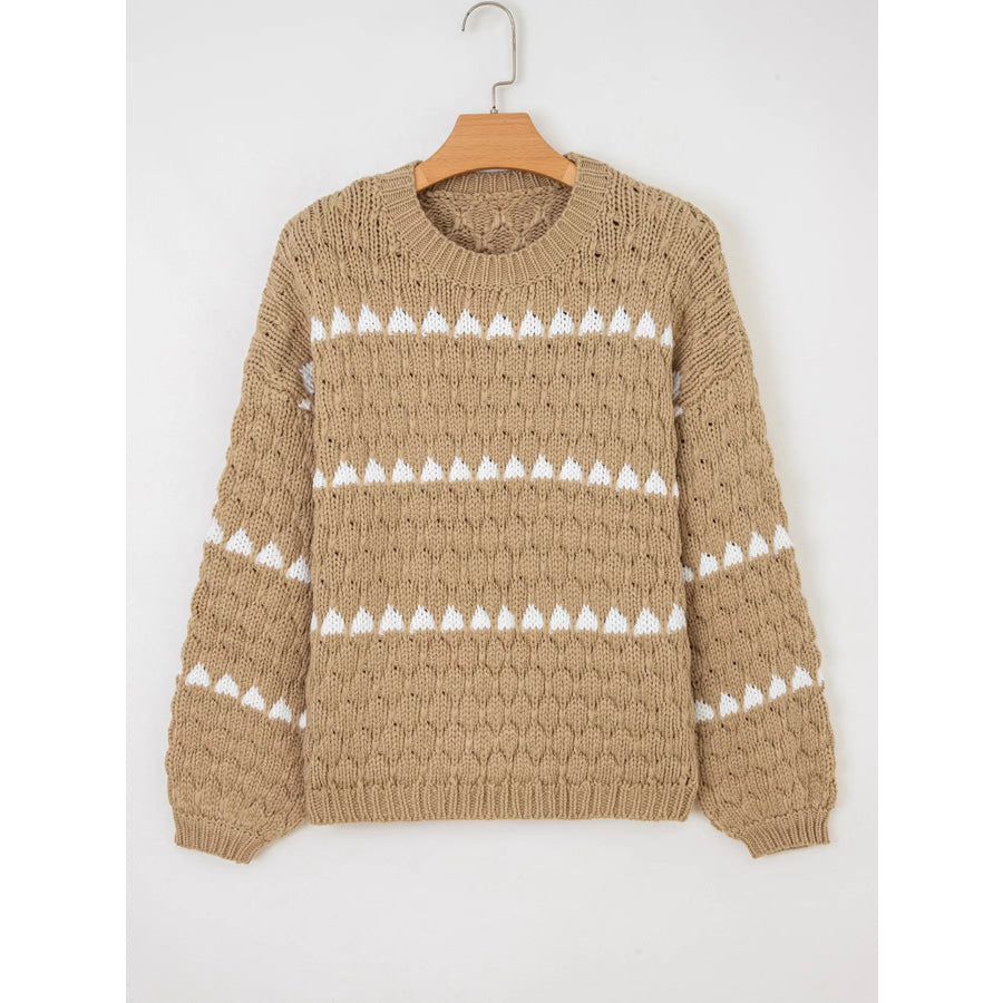 Contrast Detail Textured Knit Puff Sleeve Baggy Sweater Apparel and Accessories
