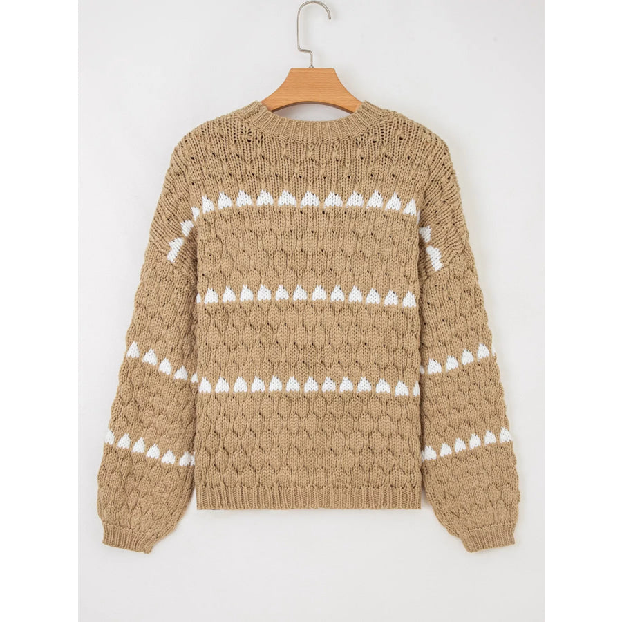 Contrast Detail Textured Knit Puff Sleeve Baggy Sweater Apparel and Accessories