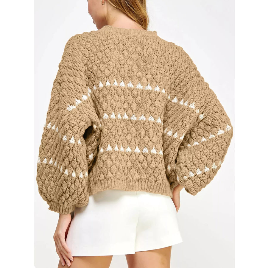 Contrast Detail Textured Knit Puff Sleeve Baggy Sweater Apparel and Accessories