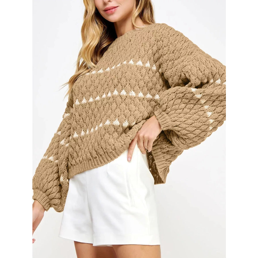 Contrast Detail Textured Knit Puff Sleeve Baggy Sweater Camel / S Apparel and Accessories
