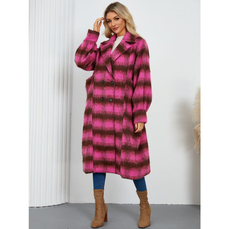 Contrast Double-Breasted Long Sleeve Longline Coat Hot Pink / S Apparel and Accessories