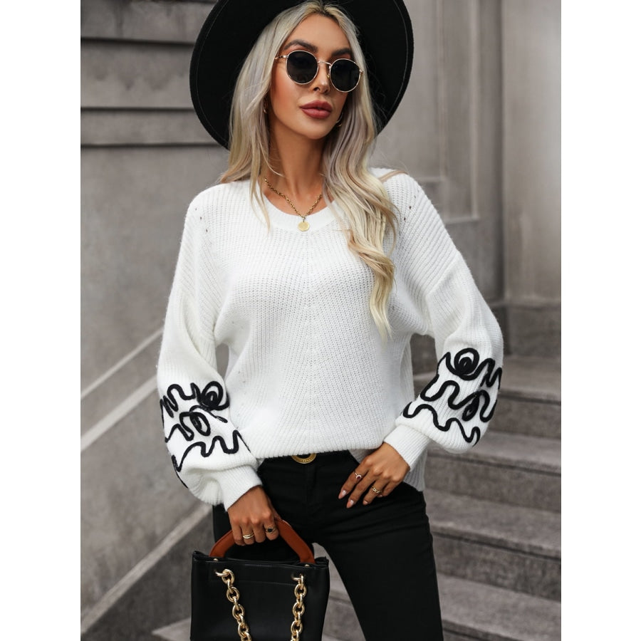 Contrast Drop Shoulder Round Neck Sweater White / S