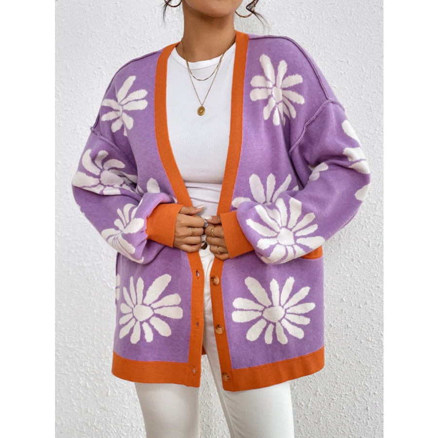 Contrast Dropped Shoulder Long Sleeve Cardigan Apparel and Accessories