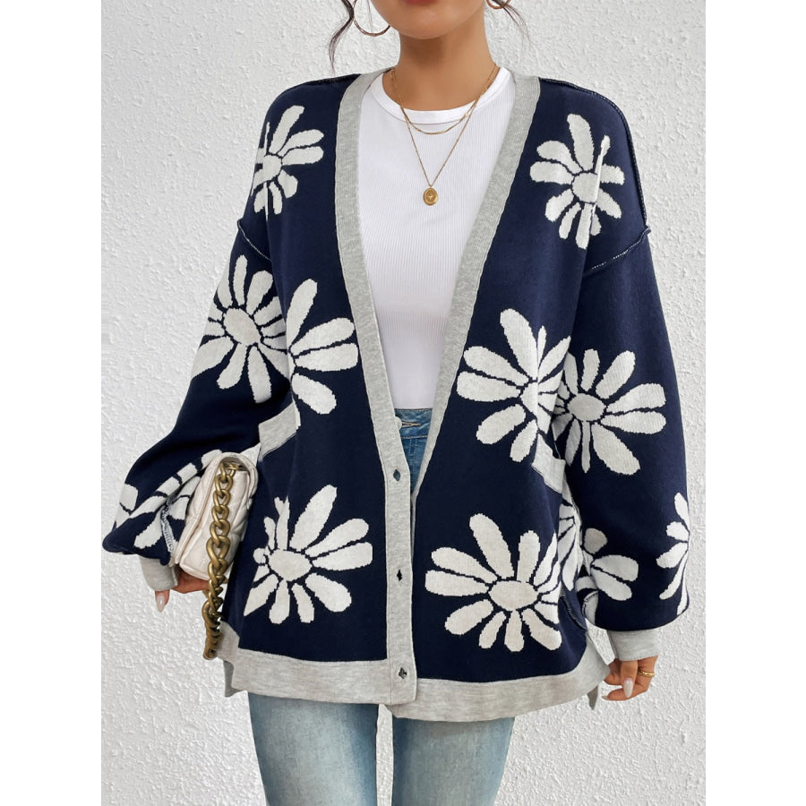 Contrast Dropped Shoulder Long Sleeve Cardigan Dark Navy / S Apparel and Accessories