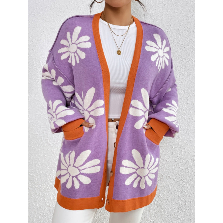 Contrast Dropped Shoulder Long Sleeve Cardigan Lavender / S Apparel and Accessories