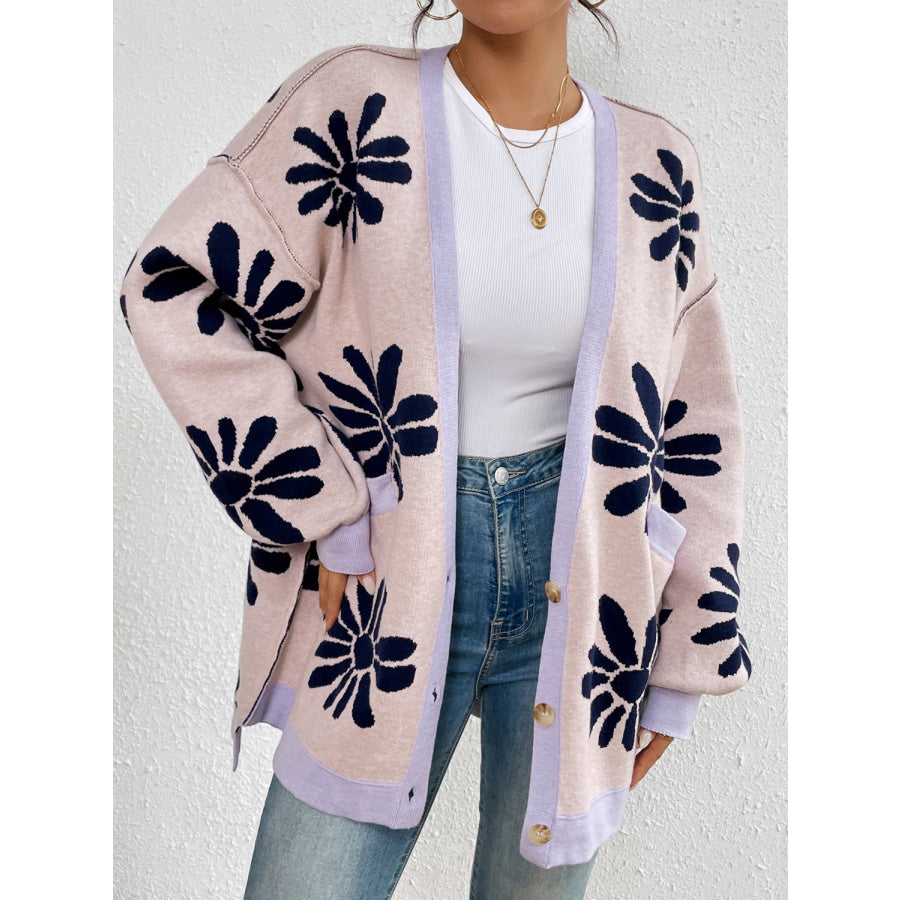 Contrast Dropped Shoulder Long Sleeve Cardigan Pale Blush / S Apparel and Accessories