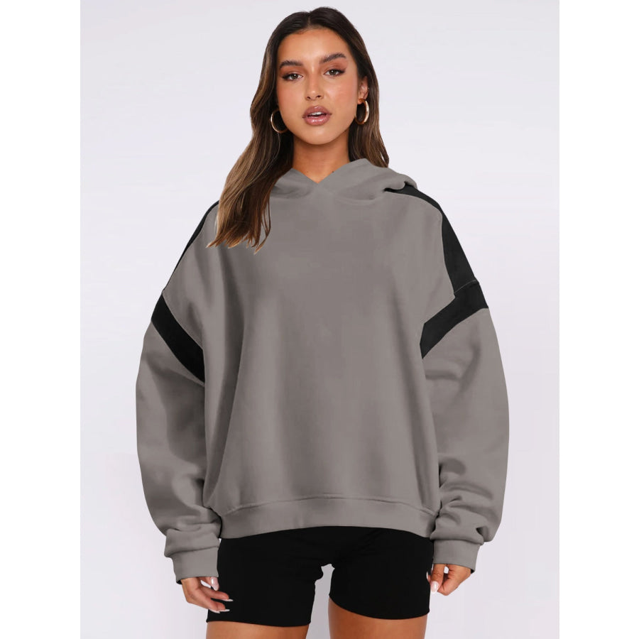 Contrast Dropped Shoulder Long Sleeve Hoodie Apparel and Accessories